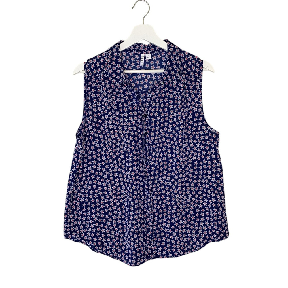ELLE Blouse Womens Large Blue‎ Red White Patriotic Star Sleeveless Button Front
